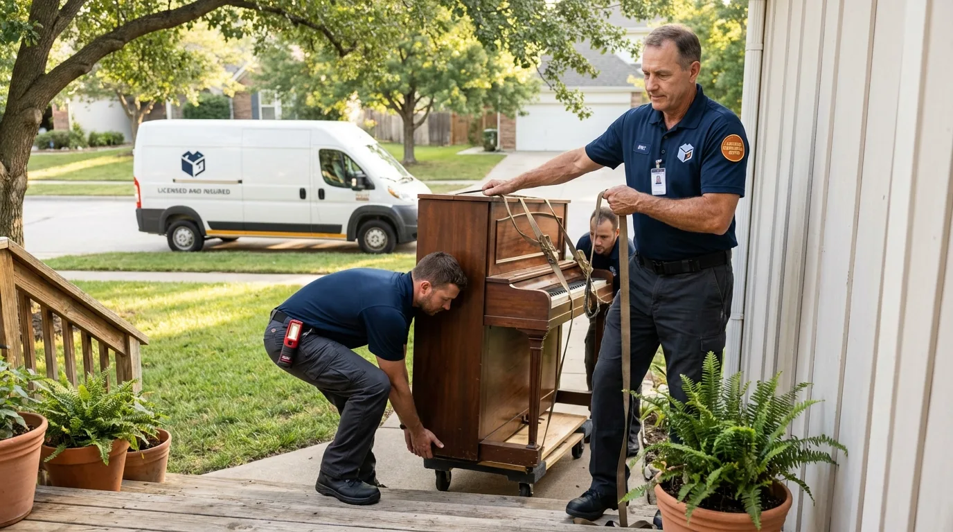 Licensed piano movers securing grand piano in Woods Cross, UT