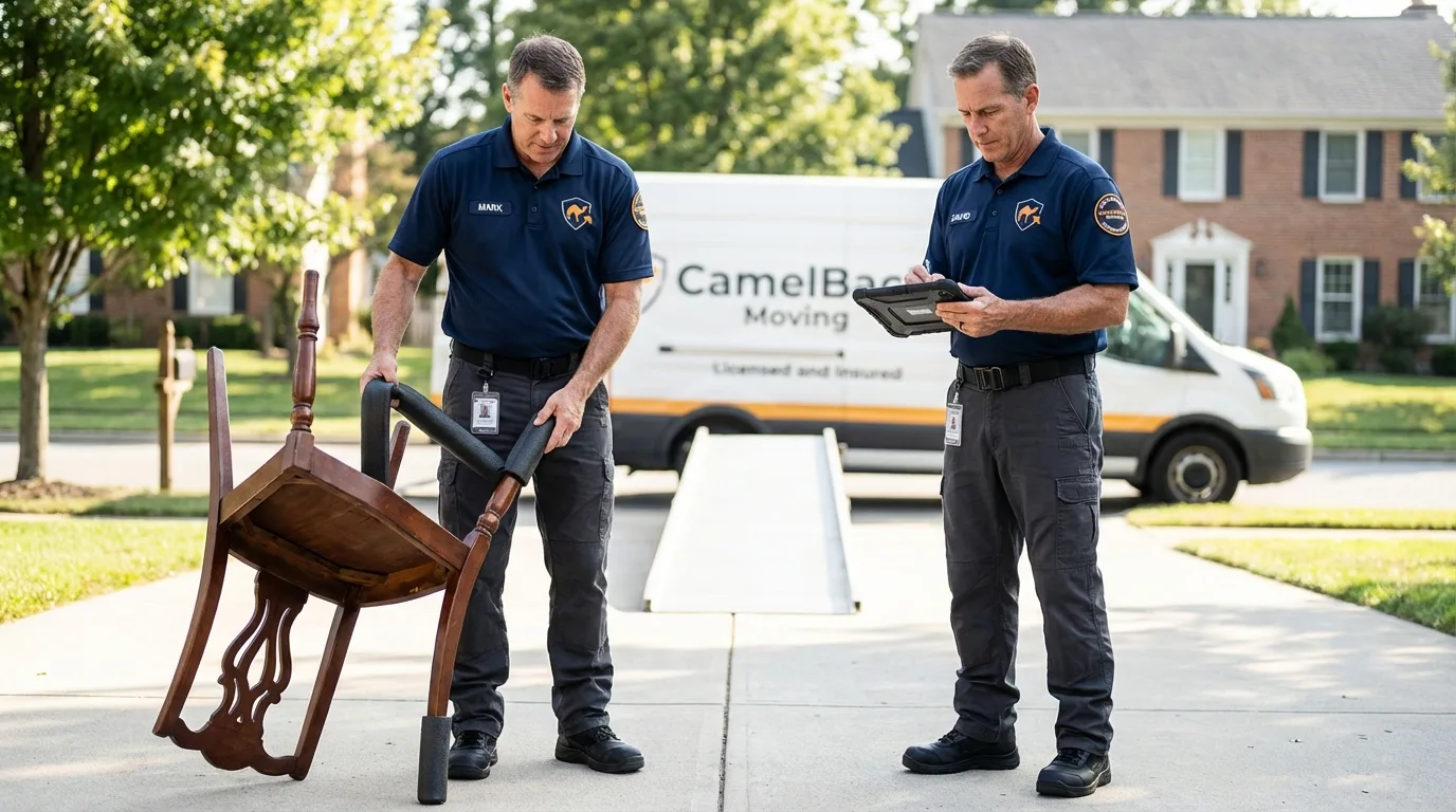 Movers inspecting furniture for damage prevention before loading in Woods Cross, UT